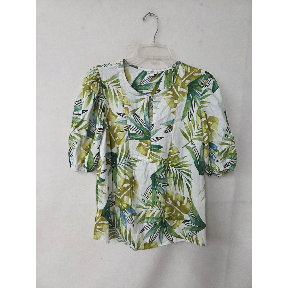Sigrid Olsen Womens Green Tropical Palm Leaf Linen Blend Puff Sleeve Blouse M